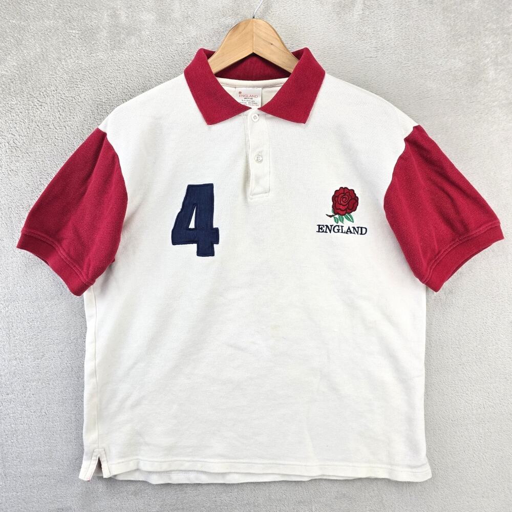 Vintage England Rugby Shirt Jersey Mens Medium White Red 90s Blokecore *FLAWS*